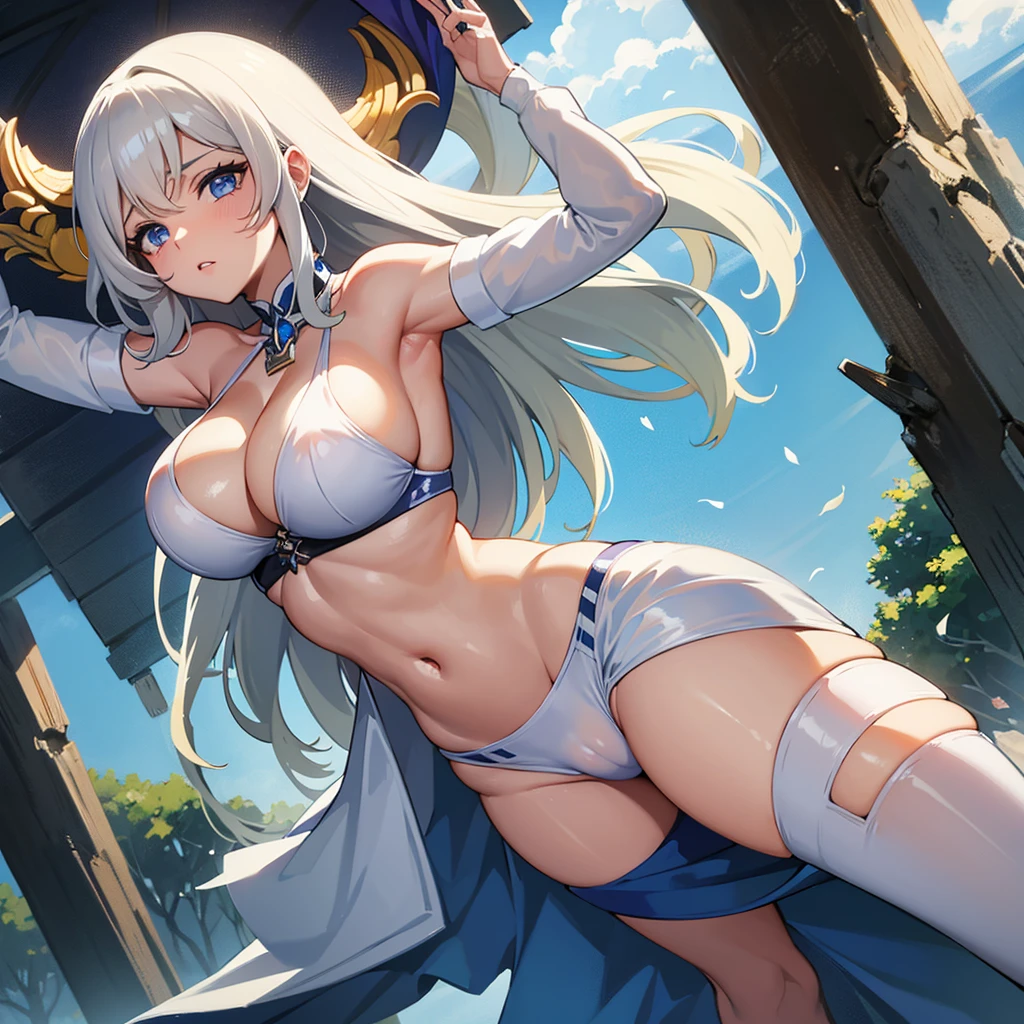Una mujer madura y con un cuerpo extremadamente sexy y piel blanca como las nubes y cabello rubio como el oro y ojos azules como el cielo.