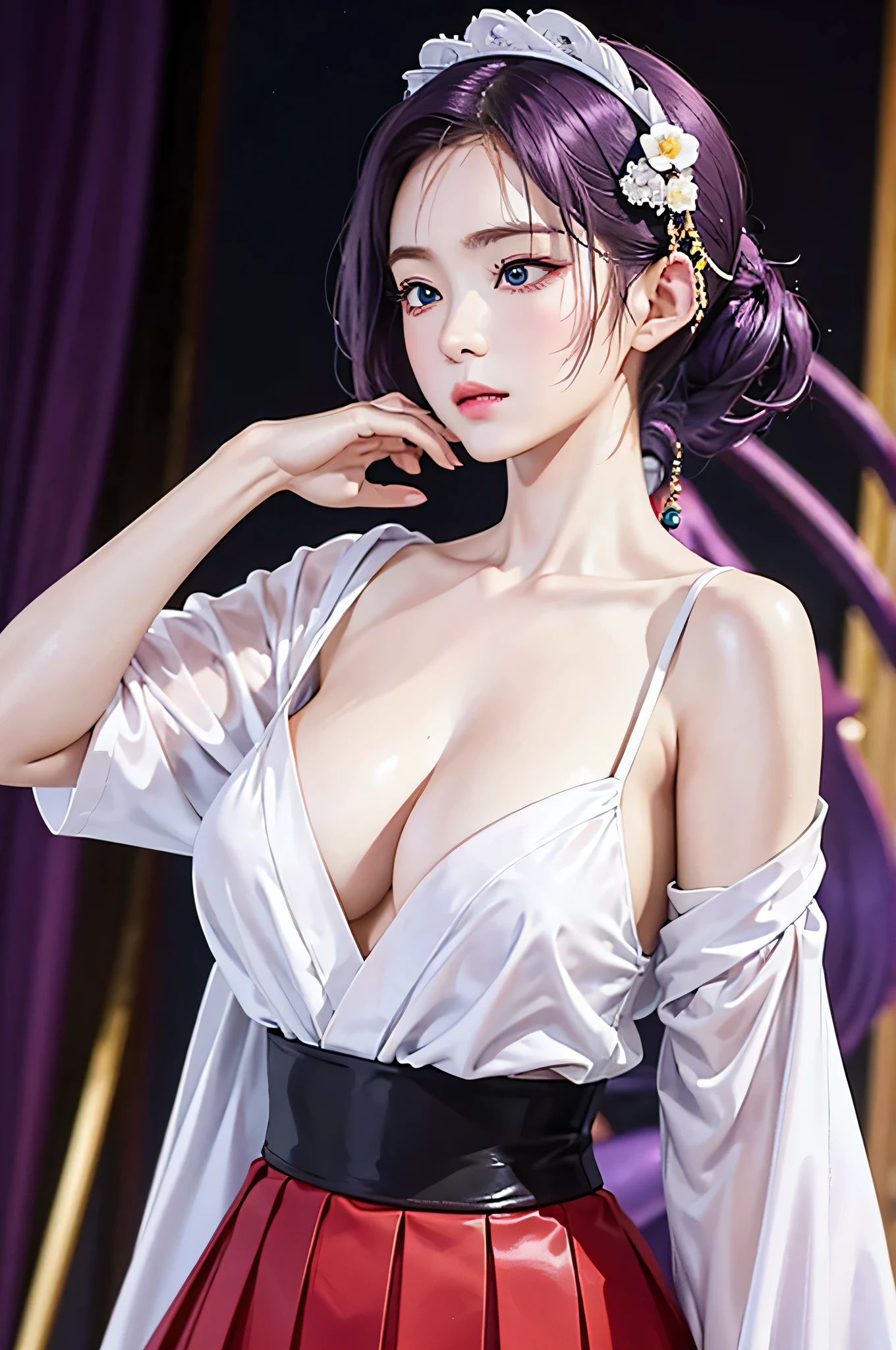 (Finest quality)),(A high resolution),(ultra-detailed art),(Meticulous portrayal),((Best Anime)),(Finest works of
art),sharpness,Clear,Ultra-Precision Art,The art of astounding depiction,(masterpiece),
short Hair ponytail, short ponytail, purple hair, vibrant purple hair, extremely detailed hair, detailed bangs, with bangs,
pretty face, beautiful lips, soft lips,pretty face, close up face,serious face, pretty nose, beautiful nose,
pretty eyes, beautiful eyes, detailed eyes, perfect eyes, green eyes,
clear skin,white skin, soft skin, small bust, smooth skin,
korean girl, korean beauty, irene, red velvet irene,
purple skirt, detailed skirt, female samurai clothes, female samurai top, ronin clothes, japanese robe covering arms, show cleavage,
cool pose, full body,
super low-angle shot, no background,looking at camera,
