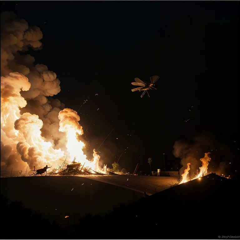 The cowboy violent bunny comes out of the flames，explosion background，Blown up house，dense smoke