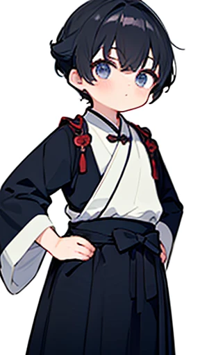 (Hanfu)、Intelligent boy、Looking into the camera、A boy with a topknot on his head、Hanfu、Black Hair、Stand and pose with one hand on your hip and the other on your back