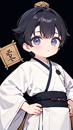 (Hanfu)、Intelligent boy、Looking into the camera、A boy with a topknot on his head、Hanfu、Black Hair、Stand and pose with one hand on your hip and the other on your back