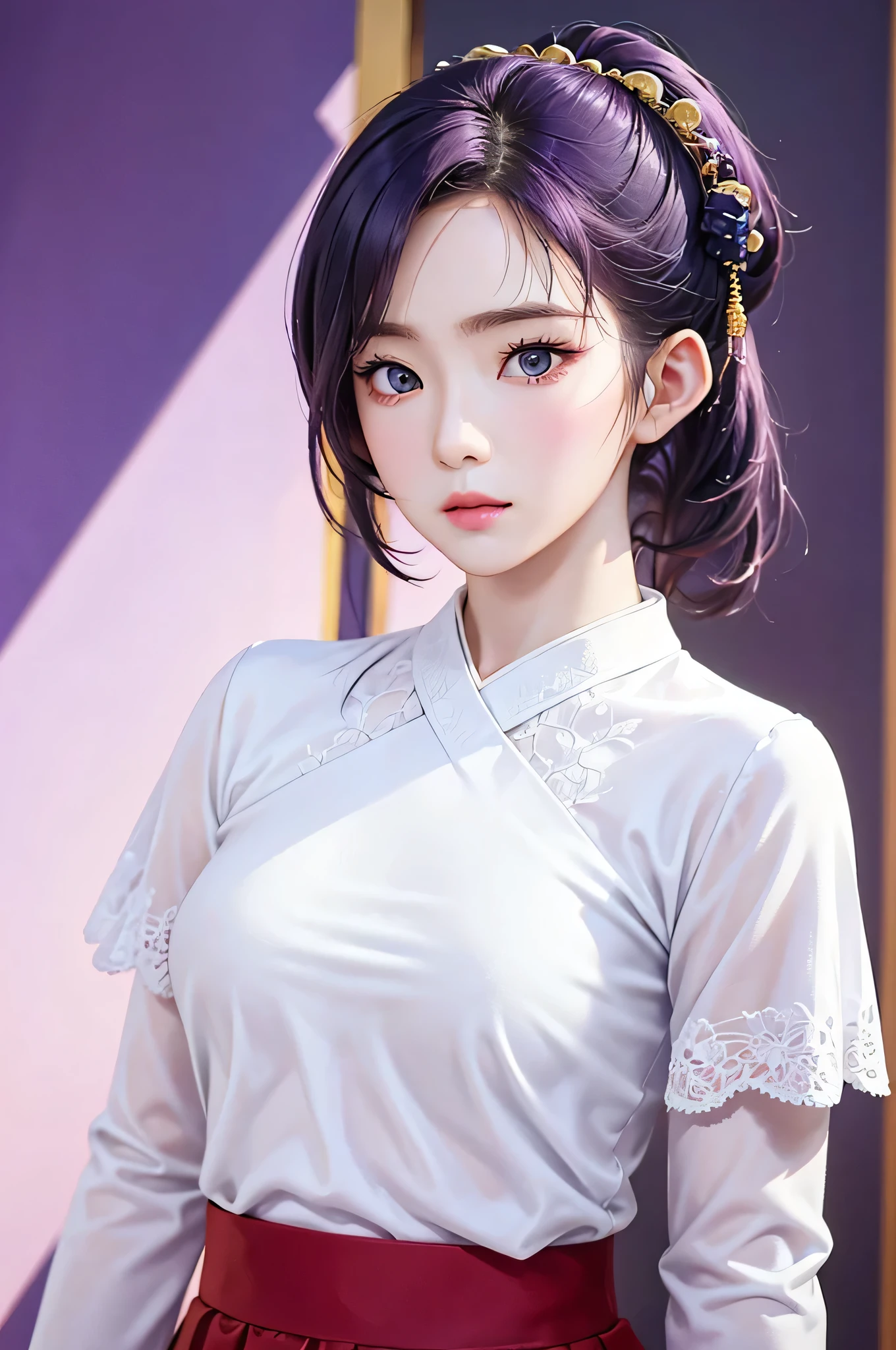 (Finest quality)),(A high resolution),(ultra-detailed art),(Meticulous portrayal),((Best Anime)),(Finest works of
art),sharpness,Clear,Ultra-Precision Art,The art of astounding depiction,(masterpiece),
short Hair ponytail, purple hair, vibrant purple hair, extremely detailed hair, detailed bangs, with bangs,
pretty face, beautiful lips, soft lips,pretty face, close up face,serious face, pretty nose, beautiful nose,
pretty eyes, beautiful eyes, detailed eyes, perfect eyes, green eyes,
clear skin,white skin, soft skin, small bust, smooth skin,
korean girl, korean beauty, irene, red velvet irene,
purple skirt, detailed skirt, female samurai clothes, female samurai top, ronin clothes, japanese robe, long sleeves,
cool pose, full body,
super low-angle shot, no background,looking at camera,