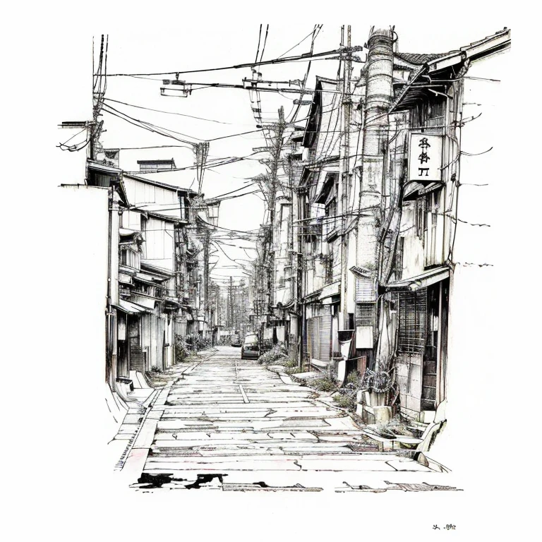A picture of a street with lots of electric wires and buildings, Perfect pen and ink lineart, Japan Streets, by Junsaku Koizumi, by Junpei Sato, by Takahashi Yuichi, Watanabe Kazan, by Fujishima Takeji, by Hideyuki Kikuchi, ink pen sketch, by Maki Haku, Pen and ink drawing