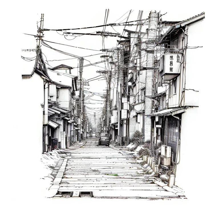 A picture of a street with lots of electric wires and buildings, Perfect pen and ink lineart, Japan Streets, by Junsaku Koizumi, by Junpei Sato, by Takahashi Yuichi, Watanabe Kazan, by Fujishima Takeji, by Hideyuki Kikuchi, ink pen sketch, by Maki Haku, Pen and ink drawing
