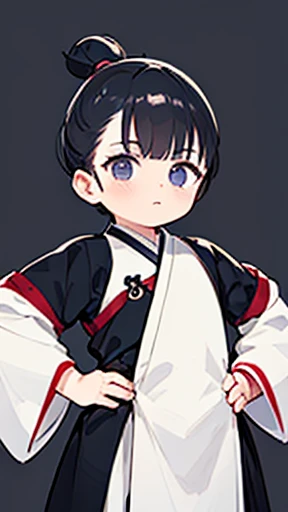 (Hanfu)、Intelligent boy、Looking into the camera、A boy with a topknot on his head、Hanfu、Black Hair、Stand and pose with one hand on your hip and the other on your back