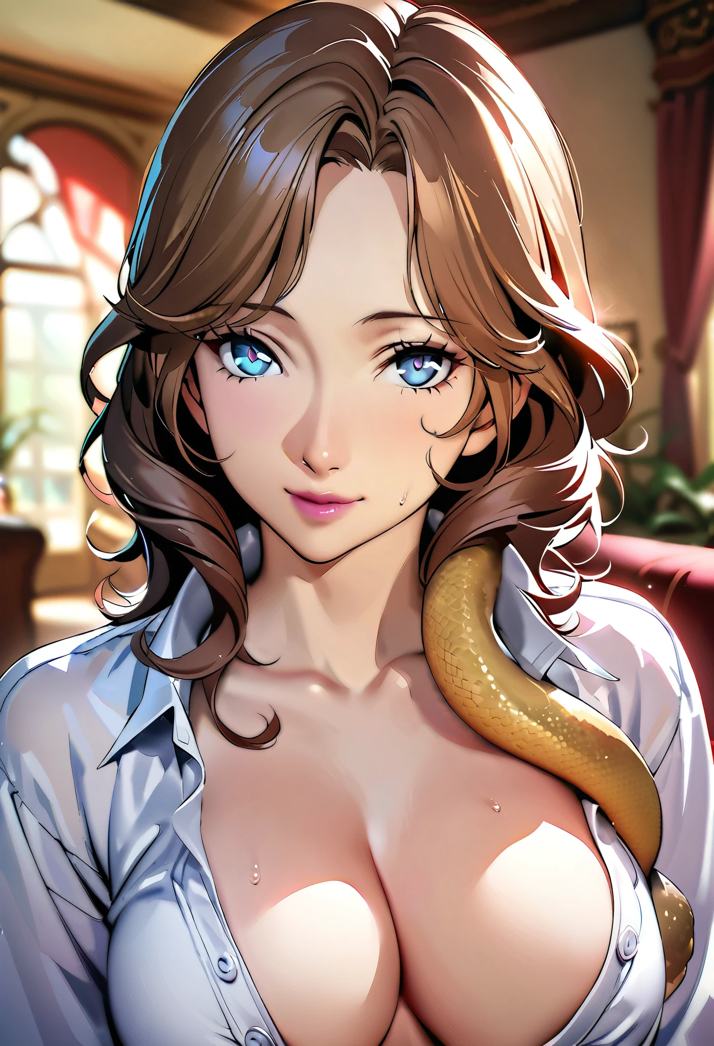 (masterpiece:1.2)，Highest quality，Top image quality，8k resolution，High-resolution details，solo，Upper Body，A mature woman，Brown curly hair，blue eyes，Big ，(Cleavage:0.9)，Delicate hair strands，finely detailed pupils，Clear pupils，Smile，Pale pink lipstick，warm feeling，sexy poss，Wearing only an open shirt，(a snake near clothes:1.1)，with a snake that python，Living room background，Depth of Field，Victorian Decor