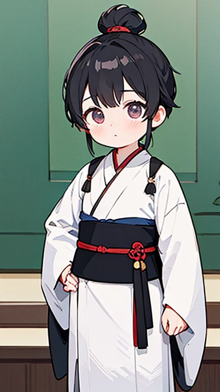 (Hanfu)、Intelligent boy、Looking into the camera、A boy with a topknot on his head、Hanfu、Black Hair、One hand on the hip、Stand with your other hand on your back