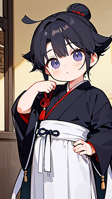 (Hanfu)、Intelligent boy、Looking into the camera、A boy with a topknot on his head、Hanfu、Black Hair、One hand on the hip、Stand with your other hand on your back
