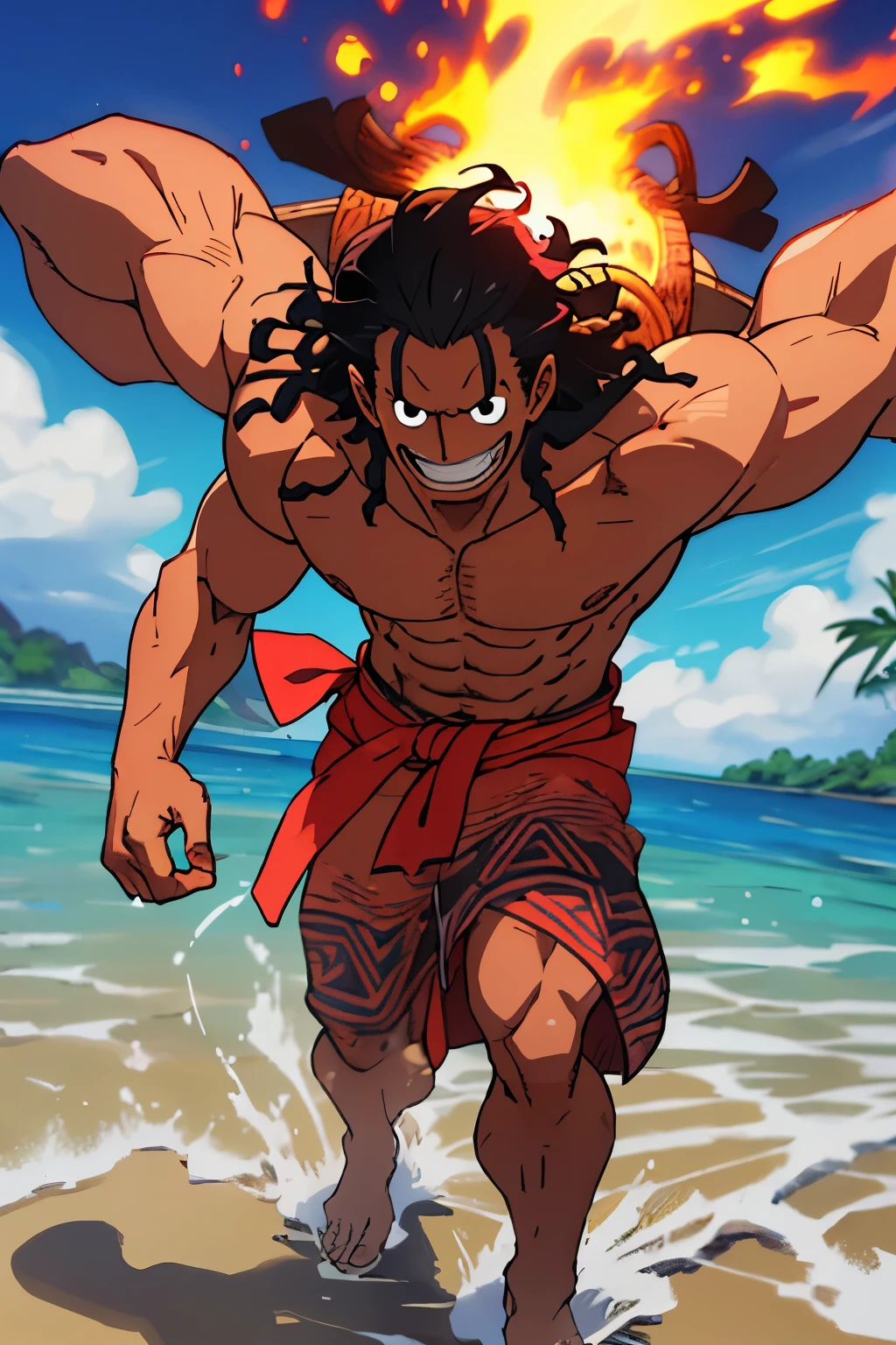 Polynesian, kaido, one piece art, 1boy, dark skin, long curly hair, tribal attire, sarong, warm smile, 