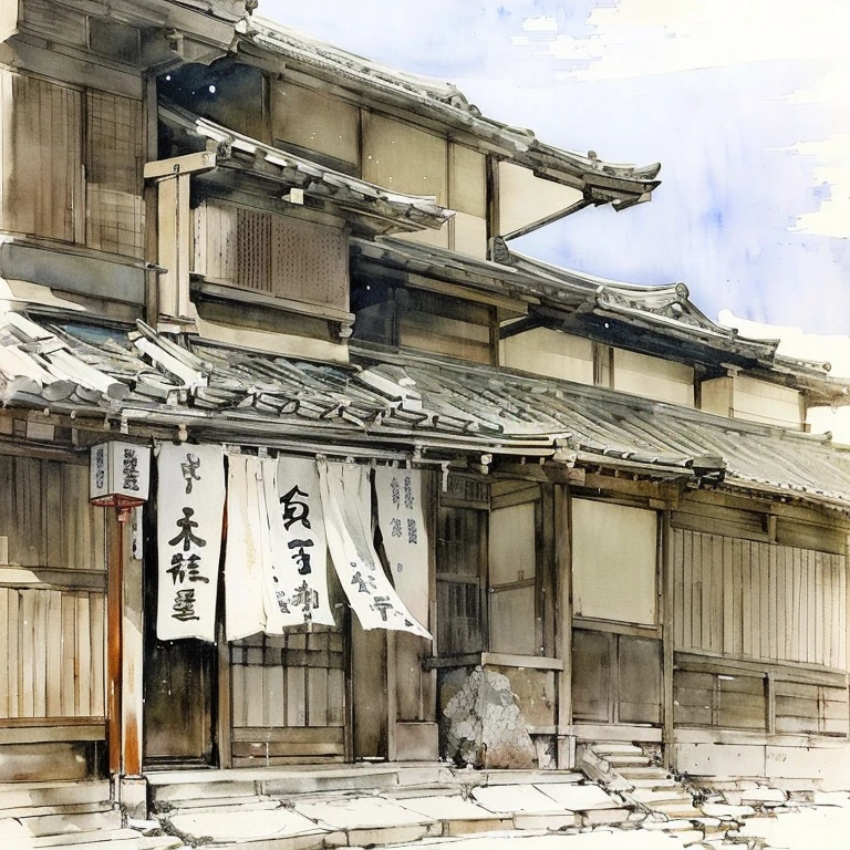 Picture of a building with a sign on the front, Traditional Japanese concept art, Inspired by Shunsen Katsukawa, by Maki Haku, Inspired by Watanabe Shotei, by Akihiko Yoshida, by Okumura Togyu, Old Japanese Art, Watanabe Kazan, Japanese Watercolor Painting, Japanese art style