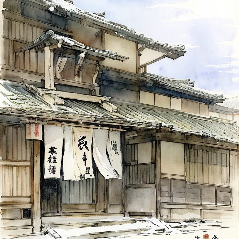 Picture of a building with a sign on the front, Traditional Japanese concept art, Inspired by Shunsen Katsukawa, by Maki Haku, Inspired by Watanabe Shotei, by Akihiko Yoshida, by Okumura Togyu, Old Japanese Art, Watanabe Kazan, Japanese Watercolor Painting, Japanese art style