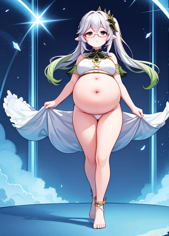 (Full body), An image of a pregnant girl using idol clothes that leave her belly on full display, she's wearing glasses