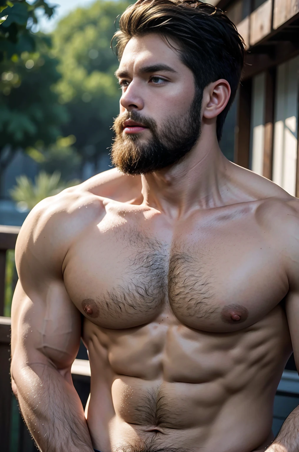 Handsome male,Sexy and charming expression,blue eyes,Big Muscle,Swelling of chest muscles,Long nipples,beard,Set,Portrait photography,Hook of Holland,outdoor,Real and textured,Rough real skin,masterpiece,8K resolution
