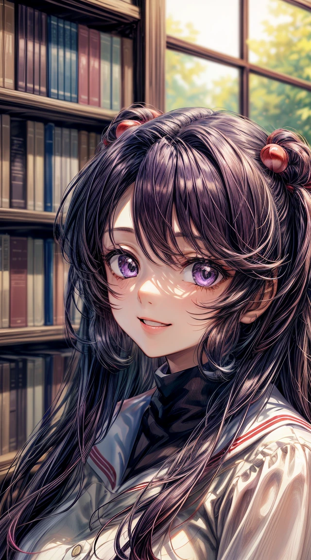 anime art, (masterpiece, best quality, perfect face, highest detailed face, colorful), 1girl. (((Kotomi))), face focus, full body, (((white dress:1.2))), purple hair, purple eyes, slight smile, beautiful eyes, looking at viewer, library at background, sunlight passing through hair, (extreme detailed, intricate details, cozy light)