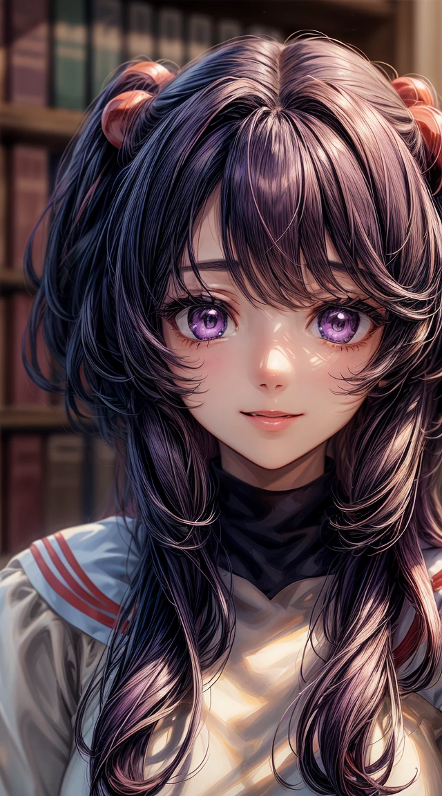 anime art, (masterpiece, best quality, perfect face, highest detailed face, colorful), 1girl. (((Kotomi))), face focus, full body, (((white dress:1.2))), purple hair, purple eyes, slight smile, beautiful eyes, looking at viewer, library at background, sunlight passing through hair, (extreme detailed, intricate details, cozy light)