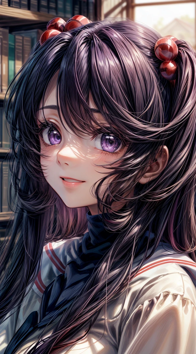 anime art, (masterpiece, best quality, perfect face, highest detailed face, colorful), 1girl. (((Kotomi))), face focus, full body, (((white dress:1.2))), purple hair, purple eyes, slight smile, beautiful eyes, looking at viewer, library at background, sunlight passing through hair, (extreme detailed, intricate details, cozy light)