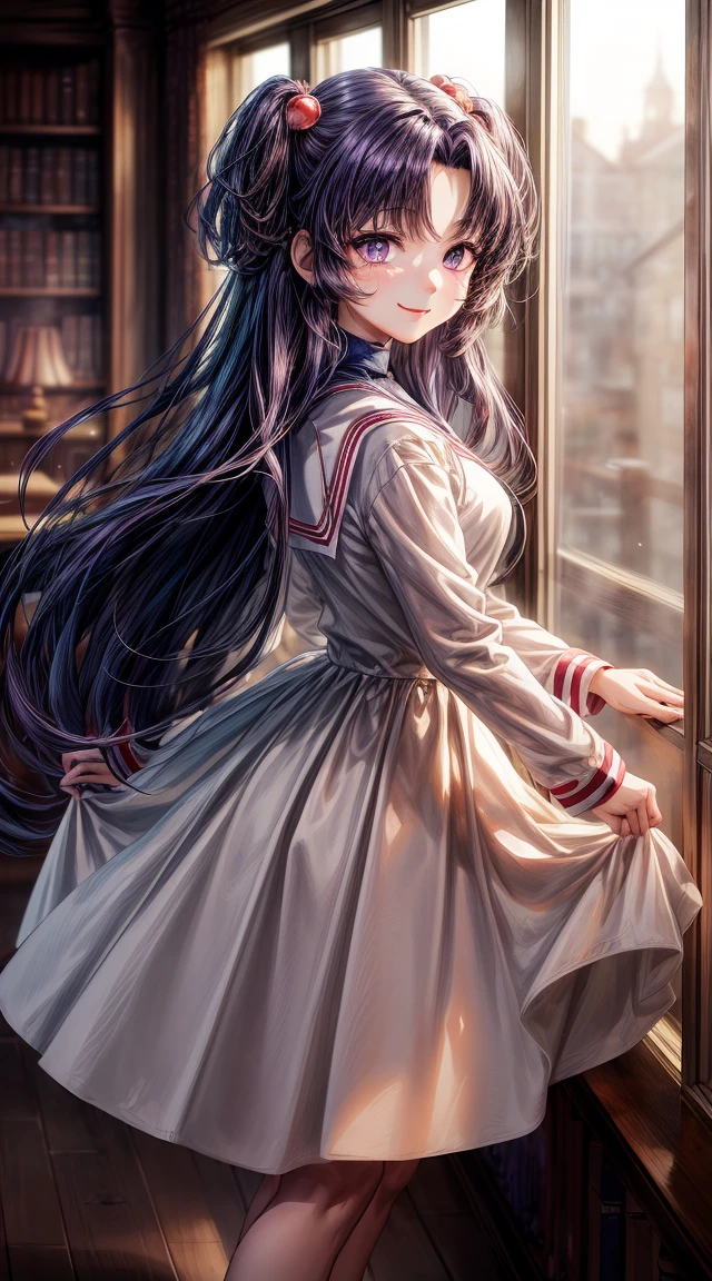 anime art, (masterpiece, best quality, perfect face, highest detailed face, colorful), 1girl. (((Kotomi))), face focus, full body, (((white dress:1.2))), purple hair, purple eyes, slight smile, beautiful eyes, looking at viewer, library at background, sunlight passing through hair, (extreme detailed, intricate details, cozy light)