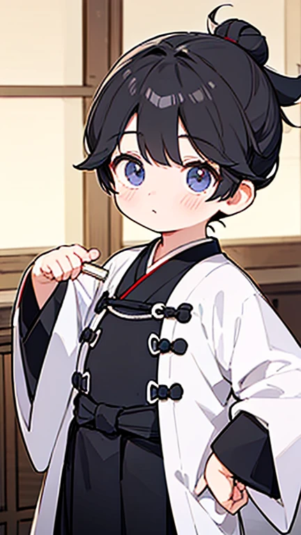 (Hanfu)、Intelligent boy、Looking into the camera、A boy with a topknot on his head、Hanfu、Black Hair、One hand on the hip、Stand with your other hand on your back