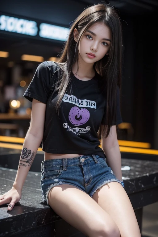young girl, (16 years old), (perfect face), fit the body (covered with tattoos), (style: rock), (have green eyes), (Full body only..), (tired: black band t-shirt, ripped jean shorts ), (purple, short, straight hair), (moderate, rounded chest), (in the background, rock style night club).