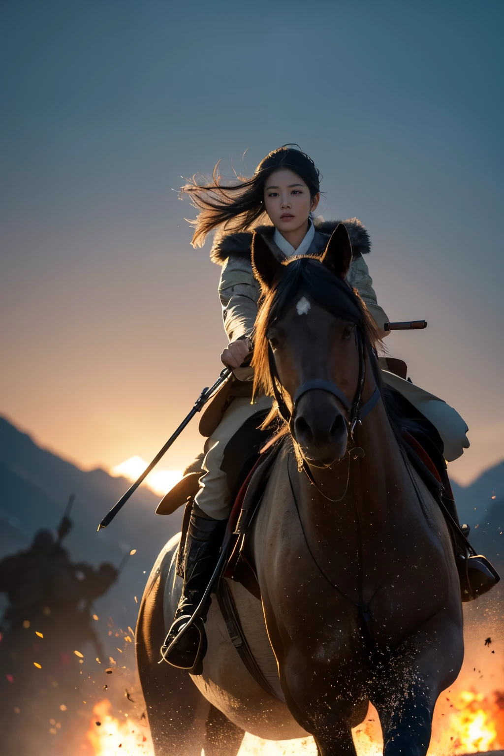Distant view, masterpiece, glamorous, realistic, aesthetic, depth of field, Best quality, masterpiece, ultra high res, photorealistic, cinematic lighting, Chinese Style, (RAW photo:1.2), (photorealistic:1.4), (masterpiece:1.3), (intricate details:1.2), in ancient China, war raging in the distance, A group of soldiers is marching, A powerful male general is commanding his army forward with a serious expression, and everywhere is full of war