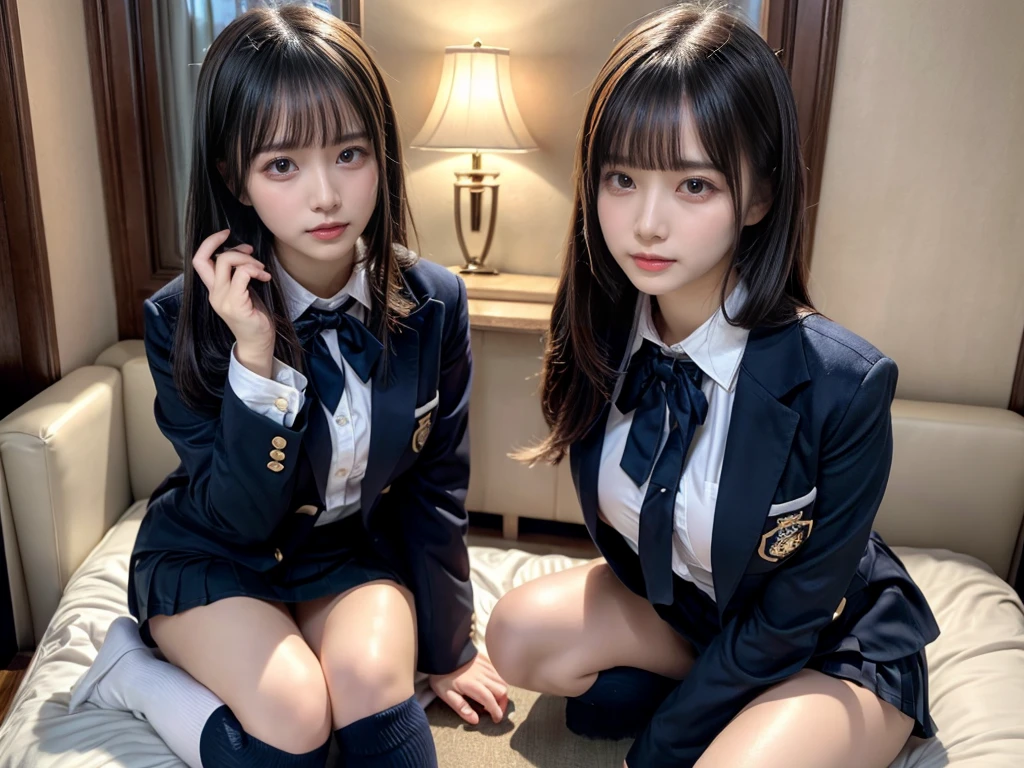 (8K, Raw photography, top-quality, masterpiece:1.2), master piece, best quality, illustration, Super detailed, fine details, High resolution, 8K,wall paper, perfect dynamic composition,(Details High quality, realistic depiction of eyes:1.3), ((2 girls, 2 schoolgirls)), The background is a luxury hotel room、High school girl uniform、blazer 、Super Short Check Uniform Skirt、Navy blue high socks、garterbelts、Colossal tits、Disturbed uniform, Play with each other,Touching each other's bodies,Touching the body of the girl next door, short bob hair, black hair color, huge breasts, Big Natural Color Lip, bold sexy pose, (perfect body shape), crying a little、cold gaze, Beautiful makeup,glitter makeup,Cutest 18 years old, beautiful legs, hposing Gravure Idol, Voluptuous thighs