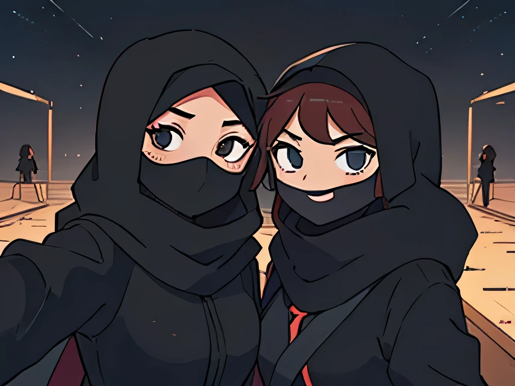 perfect anime illustration , selfie angle of two girls wearing a black niqab hijab, black outfit and masks standing together, smiling, taking selfie angle