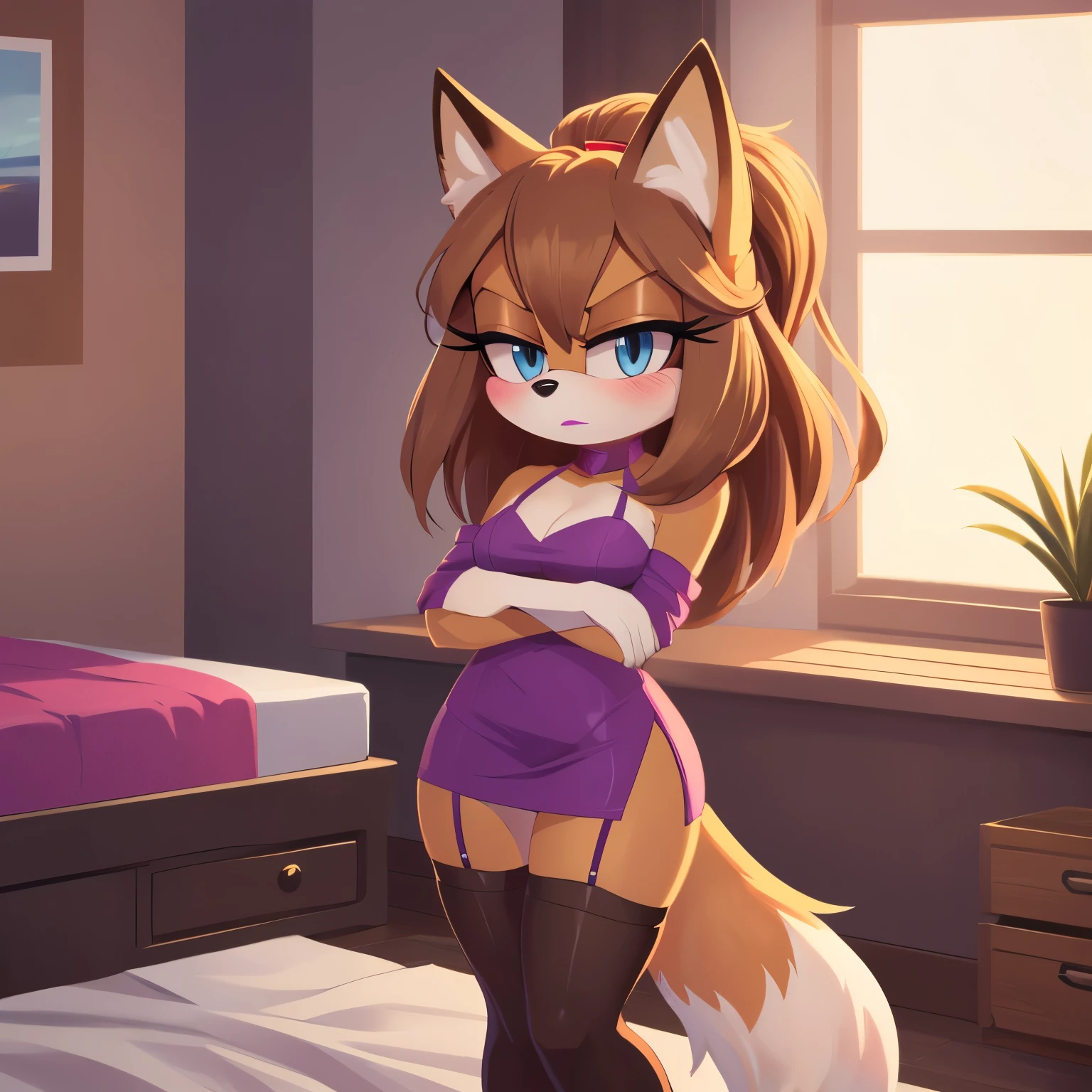 score_9, score_8_up, 2D, bedroom, indoors, looking at viewer, (1girl), (solo), very detailed, extremely detailed, from the sonic the hedgehog series, Female, Mobian, Fox, above shoulder, portrait, eyes half closed, annoyed expression, tired, sound lines, light on the lipstick, side locks, hair bun, black cocktail dress, black high heels, fox tail, standing, large bust, ((pale brownish beige colored fur)), blue eyes, makeup, blush, mascara, purple eyeshadows, crossing arms, hips to the side, perfect hourglass figure, thigh high stockings