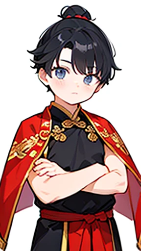 Three Kingdoms、Boy in ancient Chinese costume、Intelligent boy、Looking into the camera、There is a topknot on the head.、Hanfu、Black Hair、Standing and posing with arms crossed