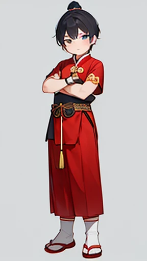 Three Kingdoms、Boy in ancient Chinese costume、Intelligent boy、Looking into the camera、There is a topknot on the head.、Hanfu、Black Hair、Standing and posing with arms crossed