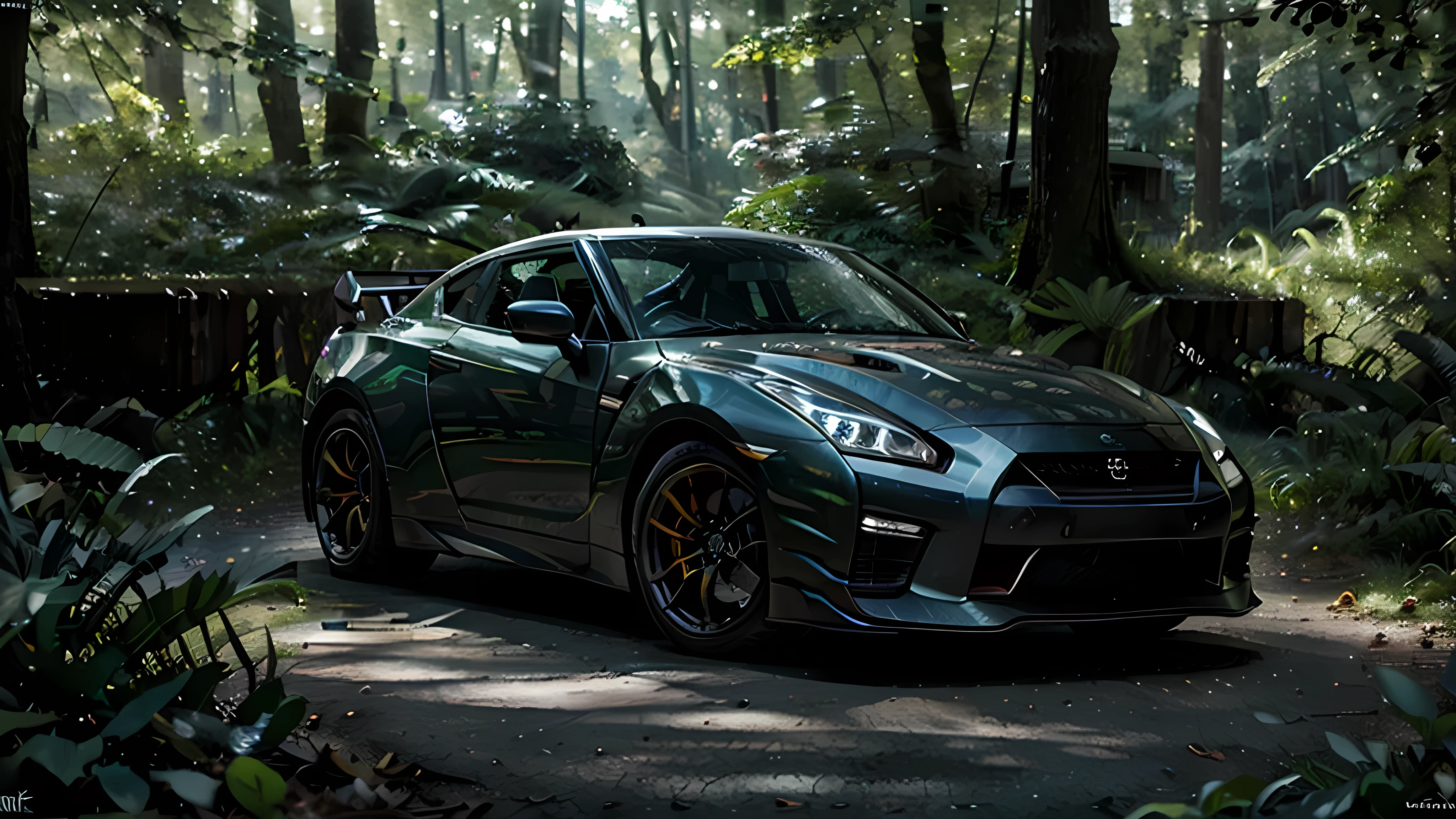 a nissan gtr sports car in a lush green forest, detailed engine, photorealistic, cinematic lighting, dramatic composition, hyperrealistic, 8k, best quality, (masterpiece:1.2), ultra-detailed, realistic, (photo-realistic:1.37), vivid colors, dramatic lighting, dynamic angle, intricate details, advanced 3d modeling, extremely detailed, glossy paint, ray tracing, volumetric lighting, cinematic composition, epic scale, dramatic mood, moody atmosphere, stunning landscape, dense foliage, sunlight filtering through trees, reflections on the car body