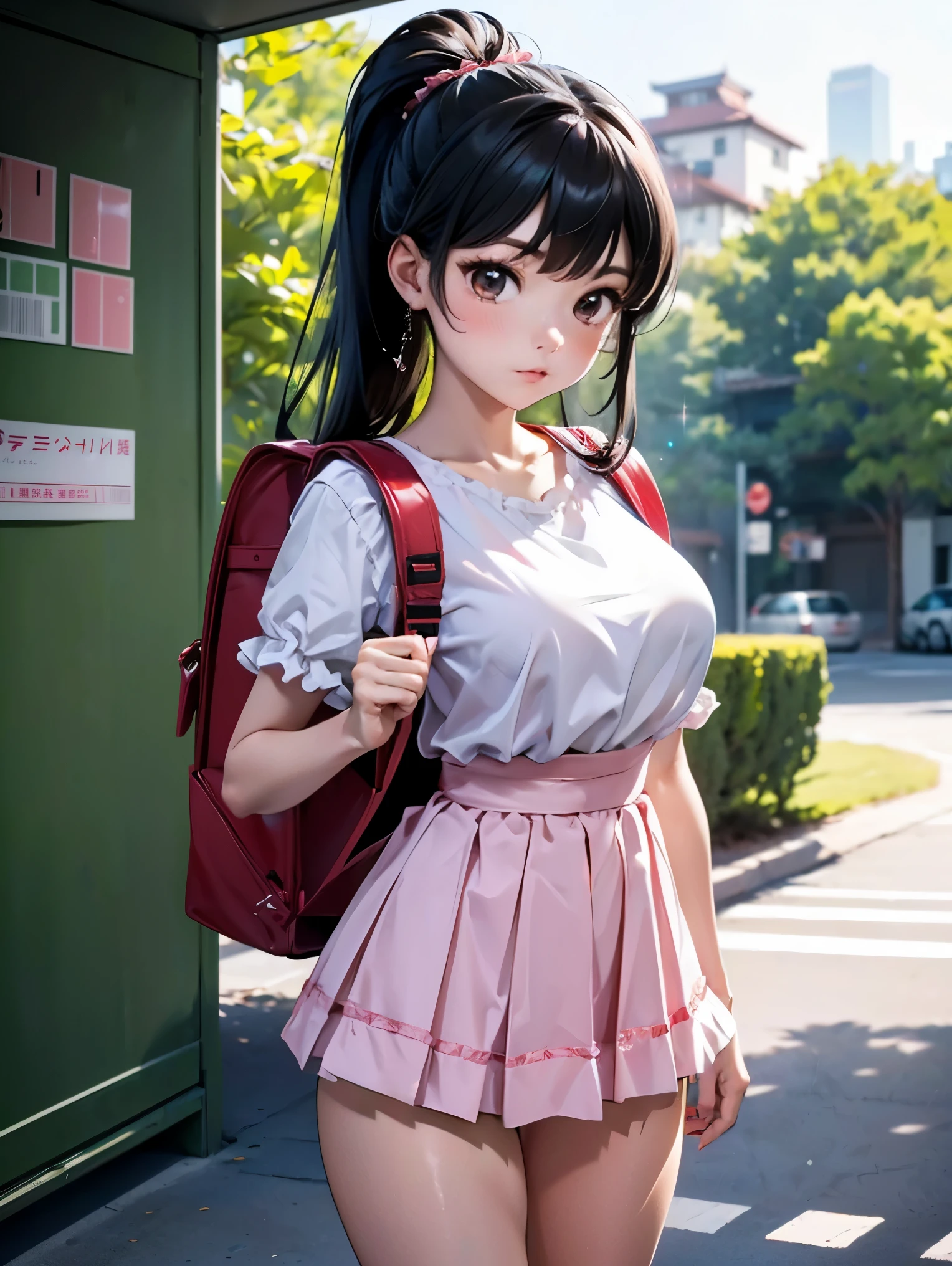 masterpiece, High resolution, Realistic, Black Hair, Asian Girl, p○nytail, hair ribb○n,((the face of a very young child:1.1)).○, 1girl wearing a pink id○l dress (((Beautiful thighsが露出したSparklingアイドルドレス:1.2)))、(Wearing a flipped up, too short mini frill skirt), (Black Hairのアジア人), Outdoor, ponytail, Are standing, Outdoor, wearing red Backpack, (Backpack:1.1) (赤いBackpack:1.2)、((Beautiful thighs:1.39)),((lovely:1.4)),((Girls who love to show off their panties))