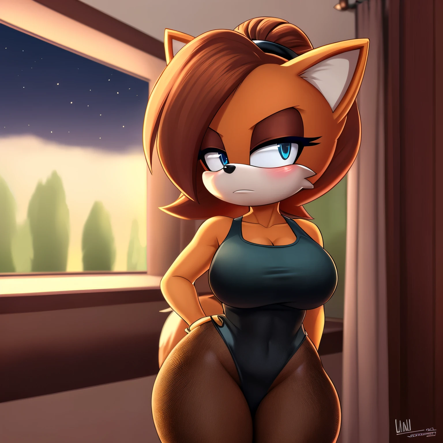 score_9, score_8_up, 2D, bedroom, indoors, looking at viewer, (1girl), (solo), very detailed, extremely detailed, from the sonic the hedgehog series, Female, Mobian, Fox, above shoulder, portrait, eyes half closed, annoyed expression, tired, sound lines, light on the lipstick, side locks, hair bun, black cocktail dress, black high heels, fox tail, standing, large breasts, ((pale brownish beige colored fur)), blue eyes, makeup, blush, mascara, purple eyeshadows, crossing arms, hips to the side, perfect hourglass figure, tights