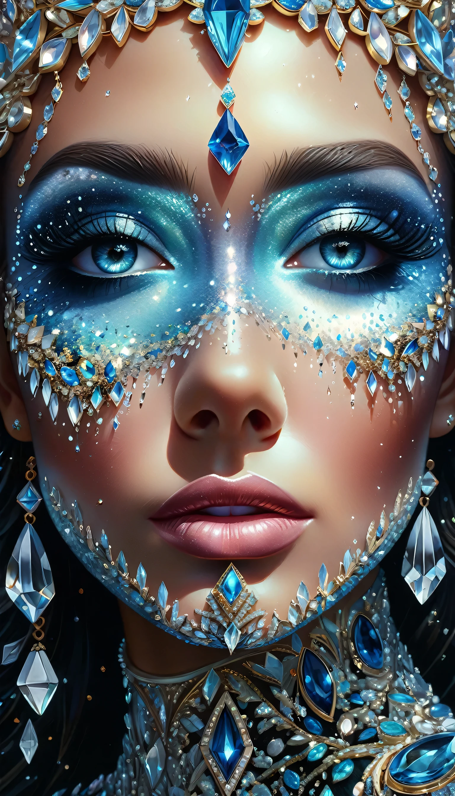 a close up of a woman with a face covered in crystals, a hyperrealistic painting inspired by tomasz alen kopera, trending on cg society, digital art, face melting into the universe, crystal face, crystalized, surrealisme aesthetic, covered in crystals and glitter, with crystals on the walls, crystalline skin, encrusted with jewels