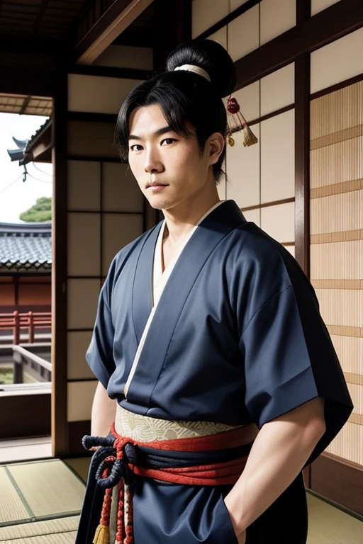 A detailed portrait of Ryoma Sakamoto, a famous Japanese historical figure from the Bakumatsu period. He is wearing traditional samurai clothing with a katana by his side. His hair is in a traditional samurai topknot, and he has a calm and determined expression. The background should depict a traditional Japanese setting, such as an old Edo-period street or a traditional Japanese room.
