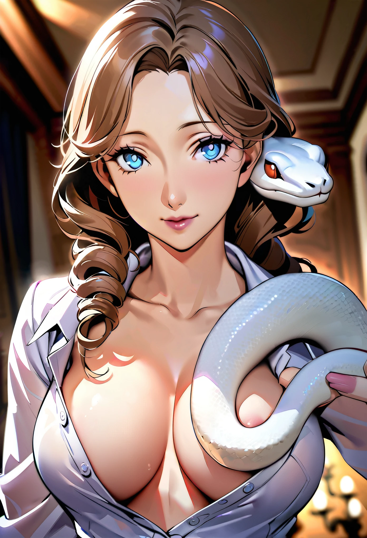 (masterpiece:1.2)，Highest quality，Top image quality，8k resolution，High-resolution details，solo，Upper Body，A mature woman，Brown curly hair，blue eyes，Big ，(Cleavage:0.9)，Delicate hair strands，finely detailed pupils，Clear pupils，Smile，Pale pink lipstick，warm feeling，(Wearing only an open shirt，Only one button:0.9)，(a snake near clothes:1.1)，with a snake that python，Living room background，Depth of Field，Victorian Decor