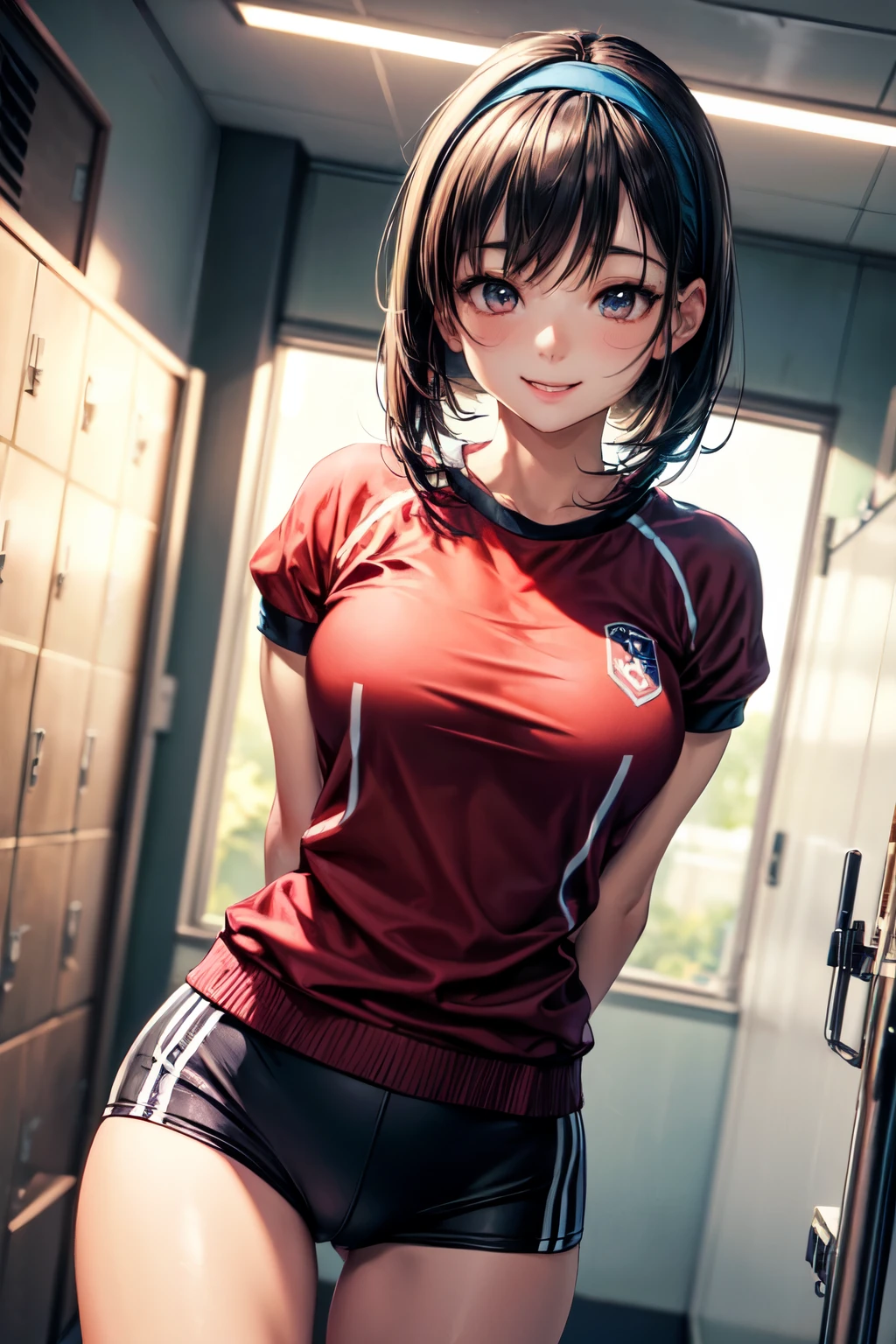 very cute and beautiful girl,(highly detailed beautiful face and eyes),(smile),happy,looking at viewer, (japanese ladies gym uniform),(blue bloomers),standing,arms behind back,detailed legs,locker room in training gym,black hair,hair band, (best quality,masterpiece),absurdres,highres,ultra-detailed,extremely detailed,32k,8k resolution, intricate details,cinematic scene,detailed background,solo,dynamic angle,