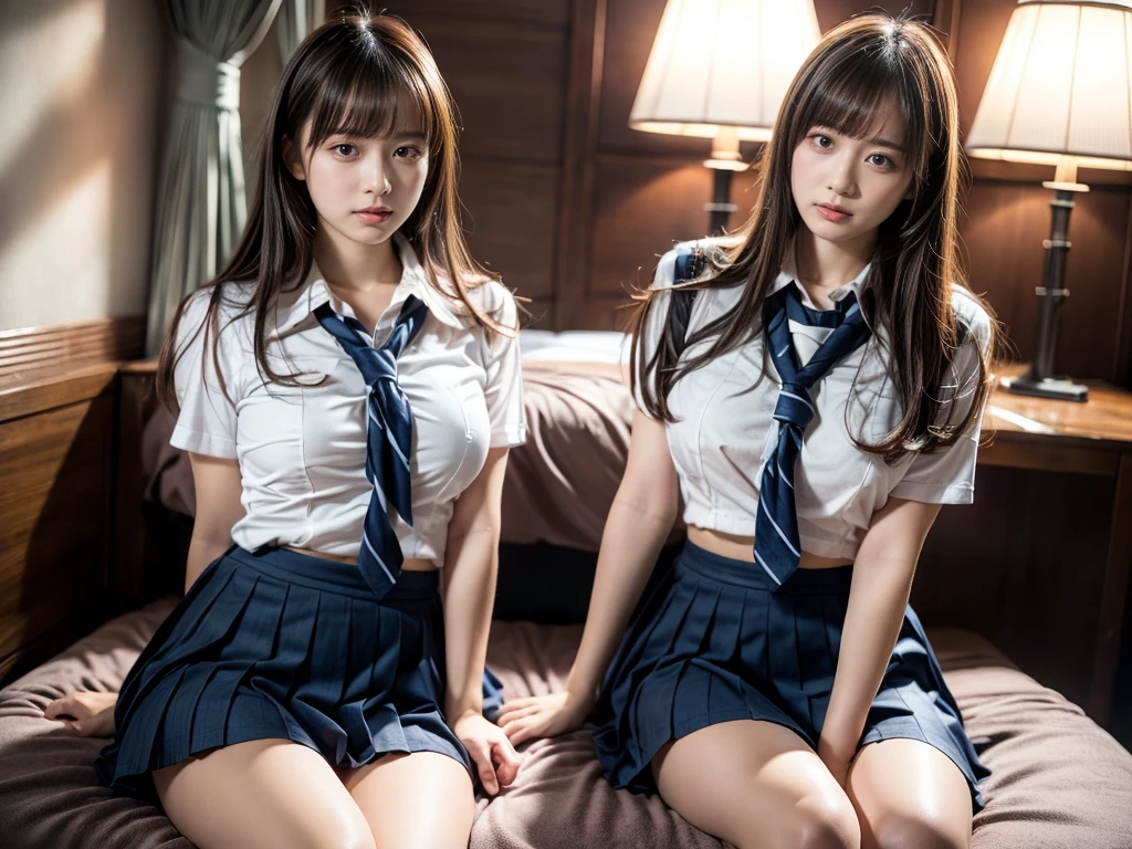 (RAW photo, 4k, masterpiece, high resolution, extremely complex) (realistic: 1.4), cinematic lighting
((2 girls, 2 schoolgirls)),Slam Dunk's,blushing,((innocent)),bright eyes,round eyes,blunt bangs,(straight hair:1.3),black hair,large breasts,wide hips,Summer Noon, ,Hot, (Best Quality), (Highres), (an Extremely Delicate and Beautiful),(Beautiful 8k face),(Brown eyes),short bob hair,( spectators),(gigantic breasts),(Play with each other,Touching each other's bodies,Touching the body),(Japanese high school uniform:1.3),blue skirt,(reality),bright lighting,(The background is a luxury hotel room)