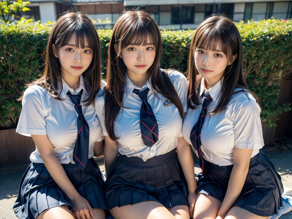 (RAW photo, 4k, masterpiece, high resolution, extremely complex) (realistic: 1.4), cinematic lighting
 ((2 girls, 2 schoolgirls)),Slam Dunk's,blushing,((innocent)),bright eyes,round eyes,blunt bangs,(straight hair:1.3),black hair,large breasts,wide hips,Summer Noon, ,Hot, (Best Quality), (Highres), (an Extremely Delicate and Beautiful),(Beautiful 8k face),(Brown eyes),short bob hair,( spectators),(gigantic breasts),(Play with each other,Touching each other's bodies,Touching the body),(Japanese high school uniform:1.3),blue skirt,(reality),bright lighting,(The background is a luxury hotel room)