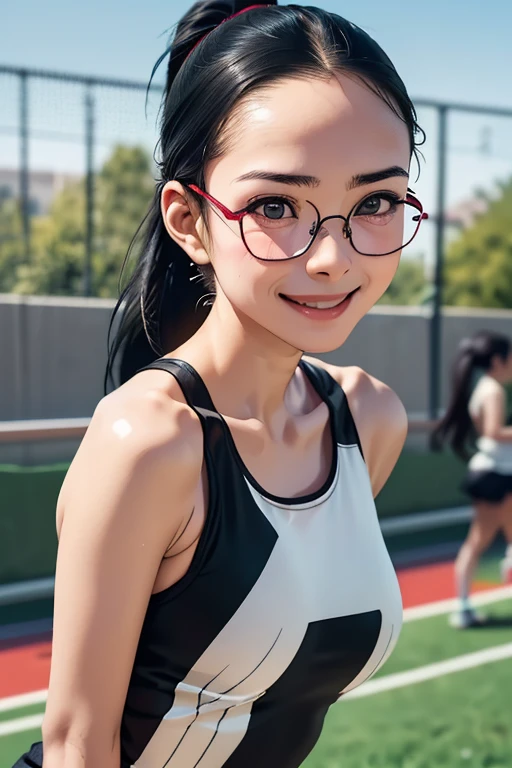 sports meetingの日、sports meeting、gallery、Students cheering、女子100 m競走、((highest quality:1.4、8k、32k、Hmph:1.3))、(An unparalleled masterpiece)、((Raw photo、realism:1.6))、Japanese girl、Outdoor,playground,Schoolyard,Schoolyard,(physical education:1.3),(Per class:1.3)Girl smiling at the camera、Dynamic Pose、(sports meetingの日、100 m走、running)、Dynamic Angle、School gym clothes、Bloomers、(Huge boobs:0.5、thin abdomen、The lower body is thin)、Ulzzang-6500-v1.1、age Girls、Ultra detailed face、Detailed eyes、Round face、Baby Face、Detailed Iris、double eyelid、(((Glasses、Long black hair、High up ponytail)))、Photon Mapping、Detailed skin texture、100 m,head to feet:1.5,