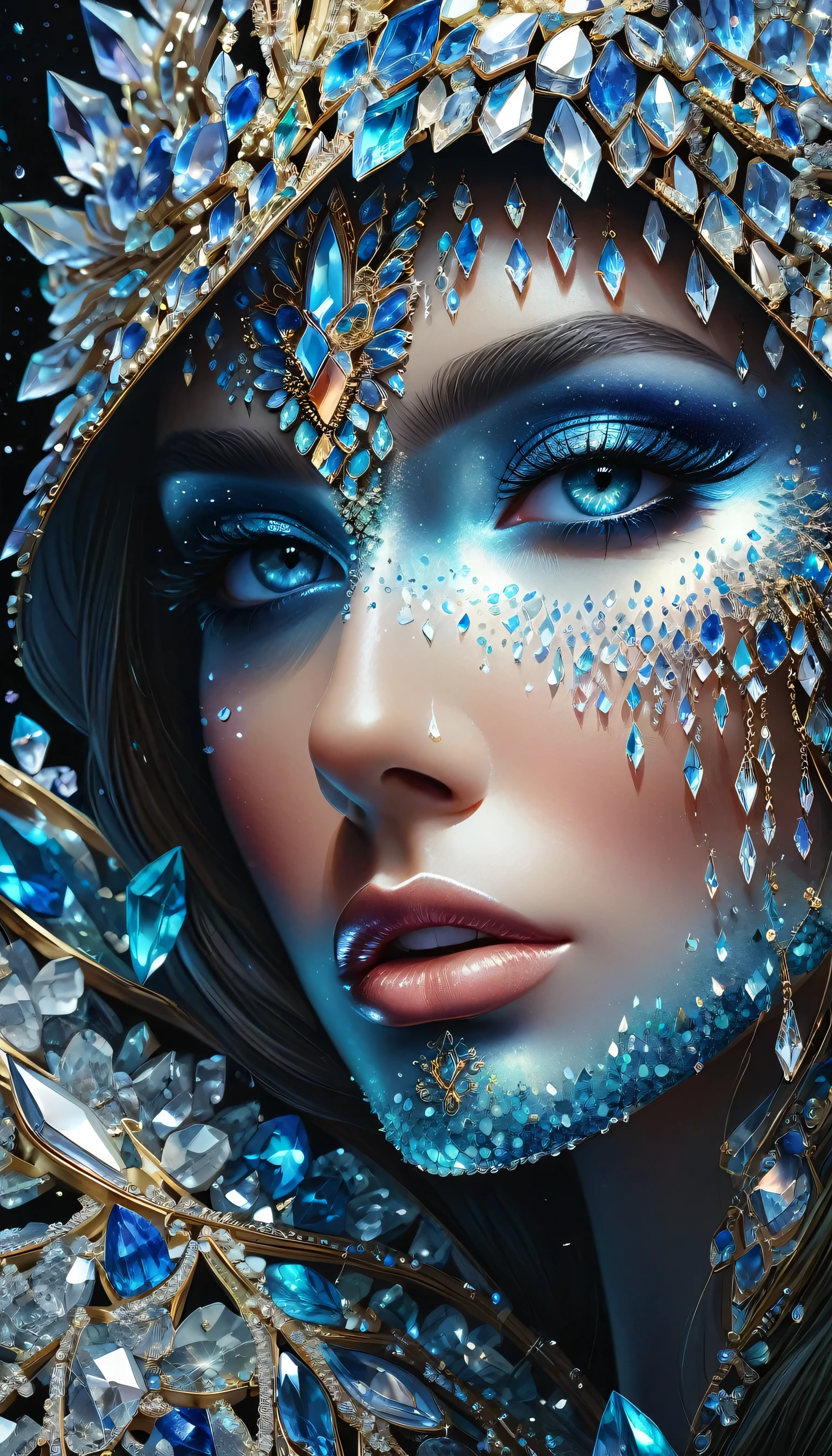 a close up of a woman with a face covered in crystals, a hyperrealistic painting inspired by tomasz alen kopera, trending on cg society, digital art, face melting into the universe, crystal face, crystalized, surrealisme aesthetic, covered in crystals and glitter, with crystals on the walls, crystalline skin, encrusted with jewels