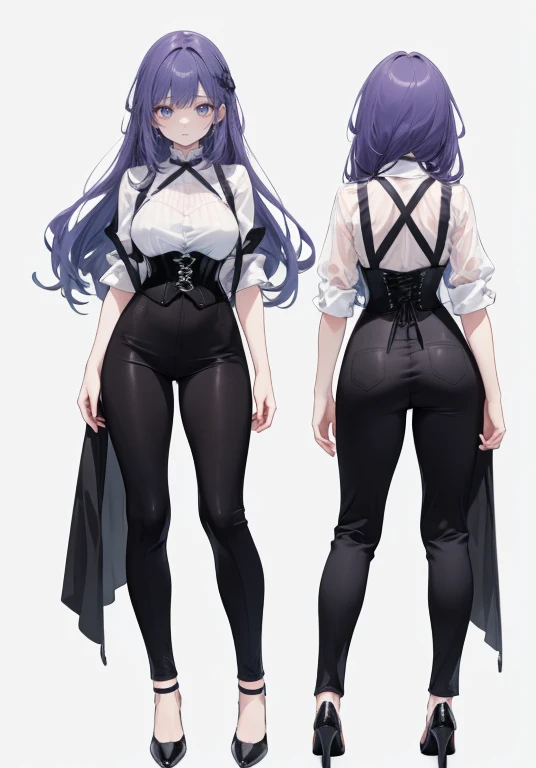 Purple hair,long hair,Adult female,((body harness)),A white see-through blouse,((Roll up your sleeves)),(Corset),(Matte black trousers),(high heels),The heel is visible,((Simple background)),Smile,((Full body)),((whole body)),Character Sheet,