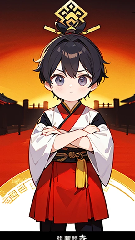 Three Kingdoms、Boy in ancient Chinese costume、Intelligent boy、Looking into the camera、There is a topknot on the head.、Hanfu、Black Hair、Standing and posing with arms crossed