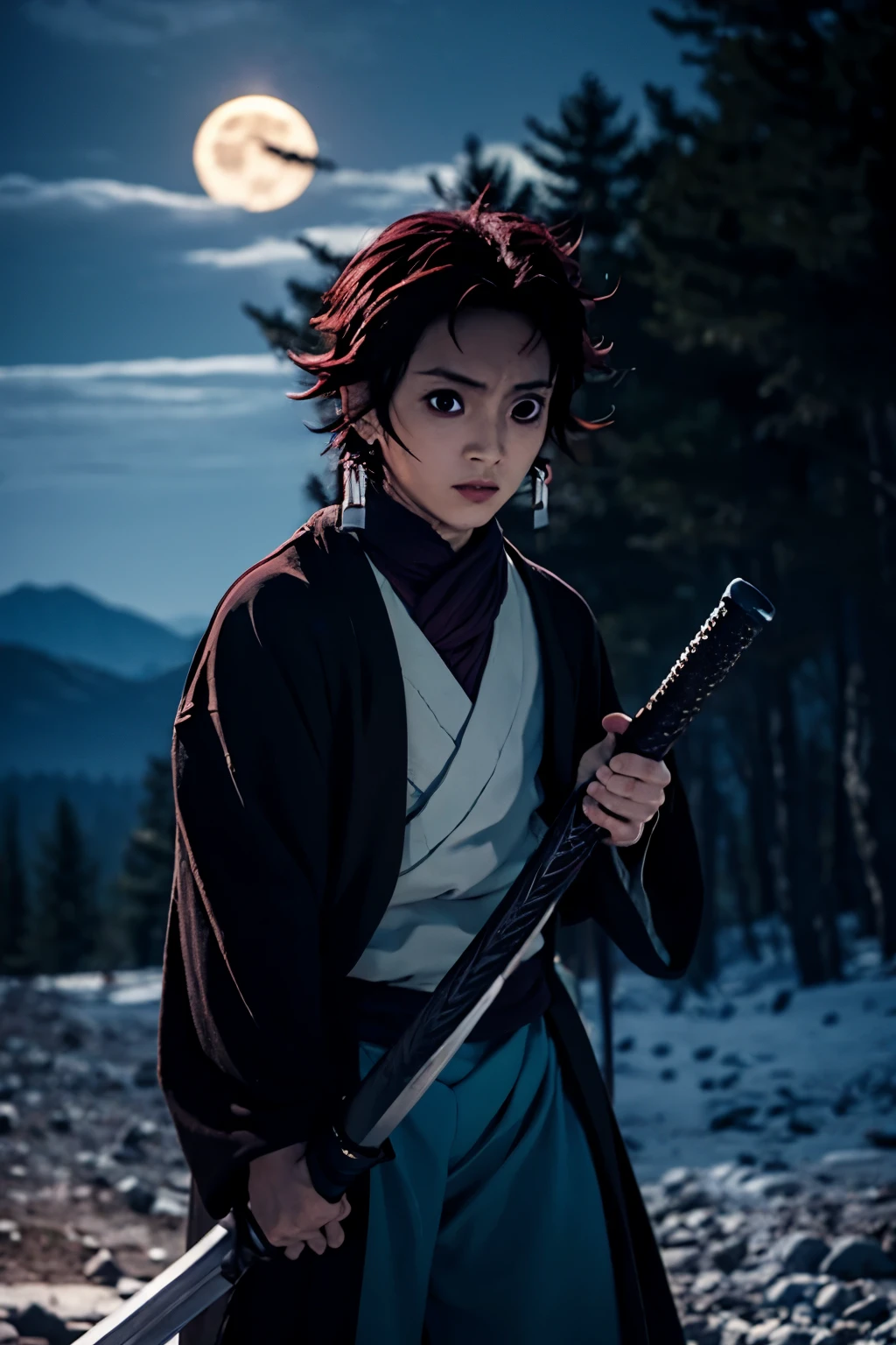 Anime character holding a sword in front of a full moon, Demon slayer、Tanjiro Kamado