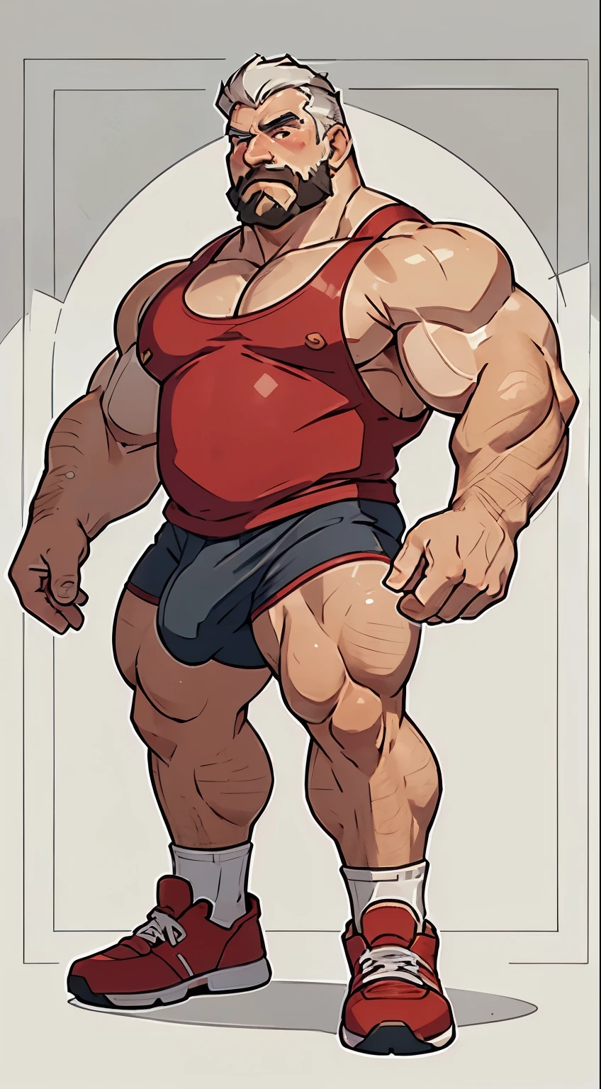 solo, 1boy, Huge Muscular Old man wearing tanktop and red short shorts(white stripe) , short white hair, bearded, mustache, athletic background, cool sneakers, white socks, looking to viewer, masterpiece, high detailed, 8k, high resolution, nice bulge, (full body shot:1.7)