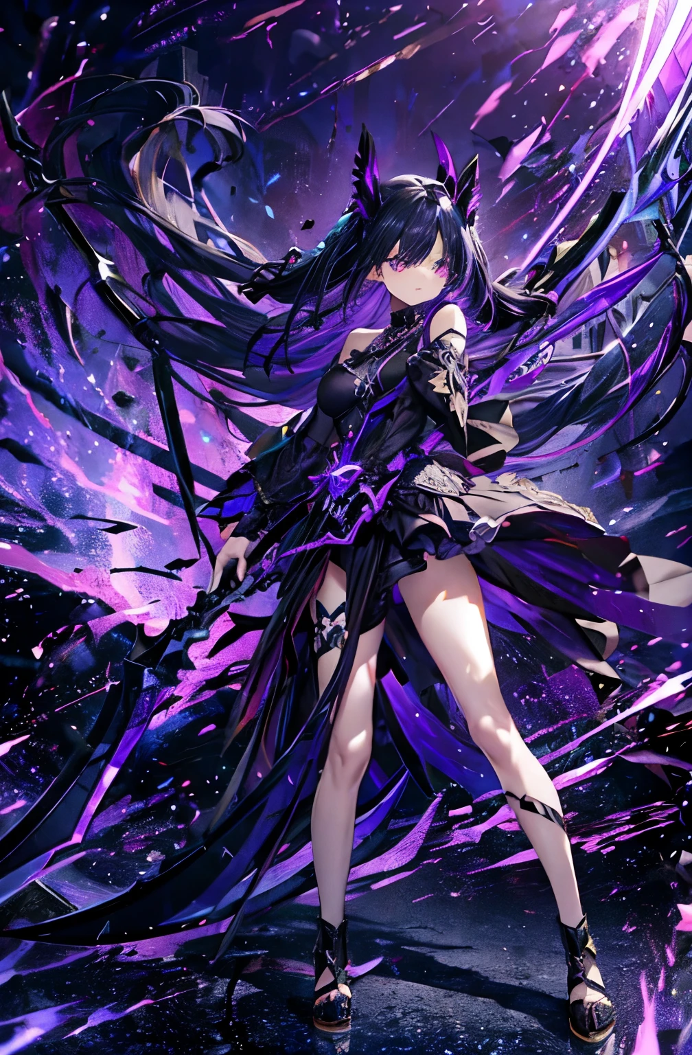 fallen Angel、Purple Color、Semi-long hair,(Action: Death Scythe ready)、Black Dress、Full Body