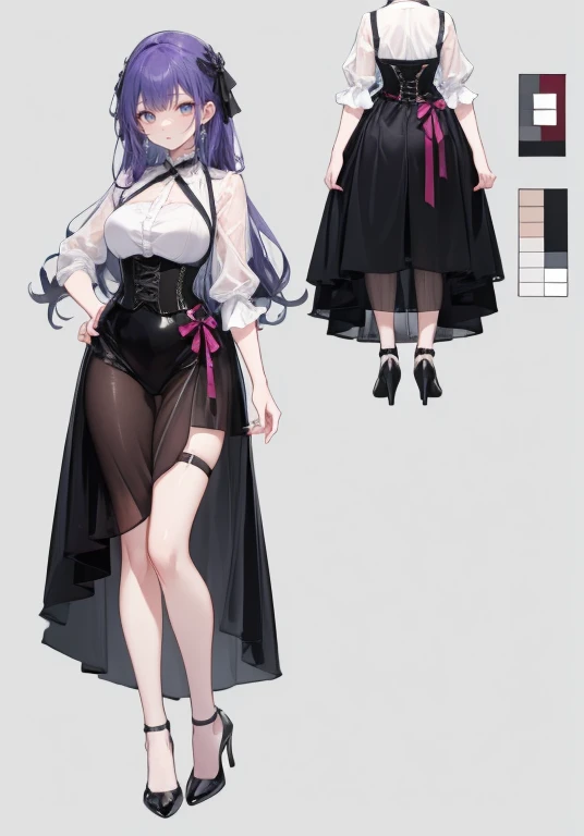 Purple hair,long hair,Adult female,((body harness)),A white see-through blouse,((Roll up your sleeves)),(Corset),(Matte black skirt),(high heels),The heel is visible,((Simple background)),Smile,((Full body)),((whole body)),Character Sheet,