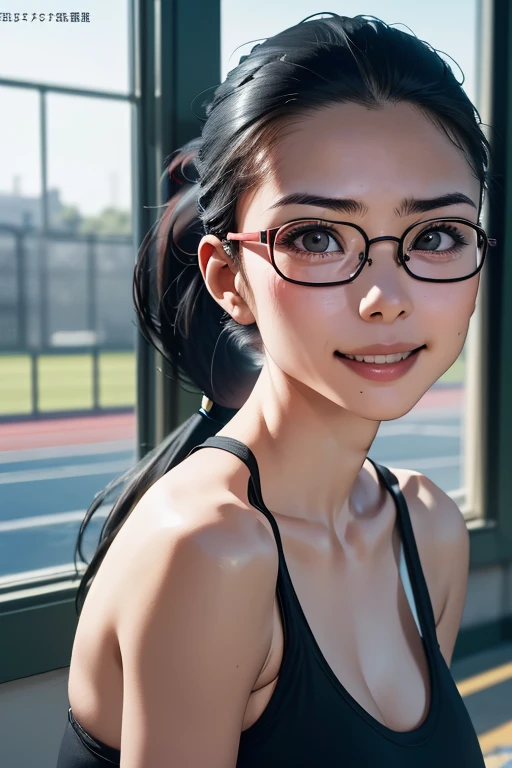 sports meetingの日、sports meeting、gallery、Students cheering、女子100 m競走、((highest quality:1.4、8k、32k、Hmph:1.3))、(An unparalleled masterpiece)、((Raw photo、realism:1.6))、Japanese girl、Outdoor,playground,Schoolyard,Schoolyard,(physical education:1.3),(Per class:1.3)Girl smiling at the camera、Dynamic Pose、(sports meetingの日、100 m走、running)、Dynamic Angle、School gym clothes、Bloomers、(Huge boobs:0.5、thin abdomen、The lower body is thin)、Ulzzang-6500-v1.1、Teenage Girls、Ultra detailed face、Detailed eyes、Round face、Baby Face、Detailed Iris、double eyelid、(((Glasses、Long black hair、High up ponytail)))、Photon Mapping、Detailed skin texture、100 m,head to feet:1.5,
