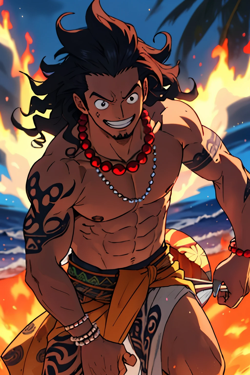 Polynesian, one piece art, 1boy, Tanned skin, long curly hair, warm and confident smile, floral sarong, pearl necklace, shell bracelets, tribal tattoo, harpoon, kaido, fire, bones