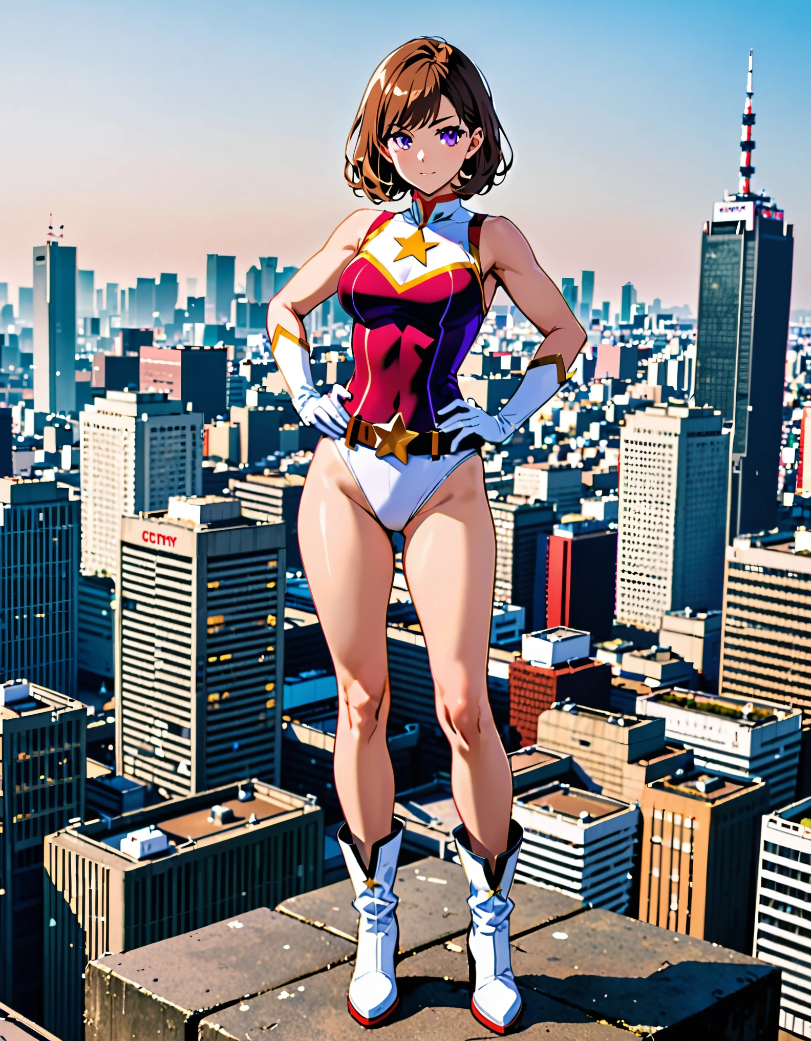 (masterpiece), (best quality), (high res), medium breasts, ((leotard, white and red leotard, matching leotard, sleeveless, bare legs)), ((tight belt, gold belt)), ((boots, matching boots, ankle-high boots, white boots)), ((gloves, white gloves)), city backdrop, tokyo city backdrop, solo, single, hands on hip, standing, (full body), cowboy shot, superhero, ((beautiful detailed eyes)), ((gold star symbol on chest)), (brown hair, medium hair, bob hair, purple eyes), (perfect hands, perfect anatomy), cowboy shot, superhero, ((beautiful detailed eyes)), full body costume design.