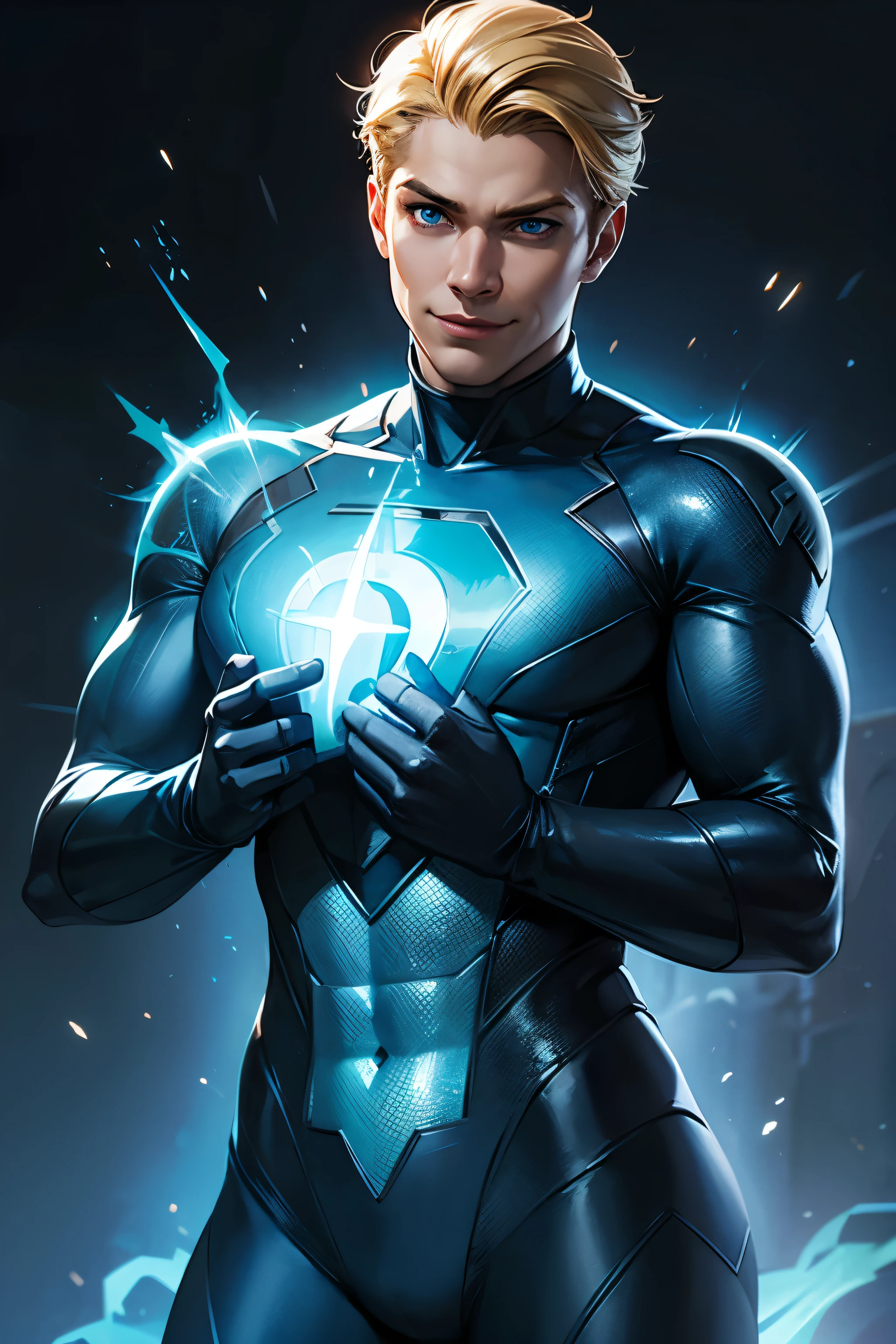 human torch, grinning, half body portrait, blonde hair, blue hero suit, fantastic four, hands on waist, slender body, blue eyes,